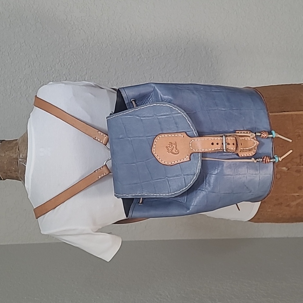 WOMENS BLUE CROC PRINT ITALIAN LEARHER BACKPACK